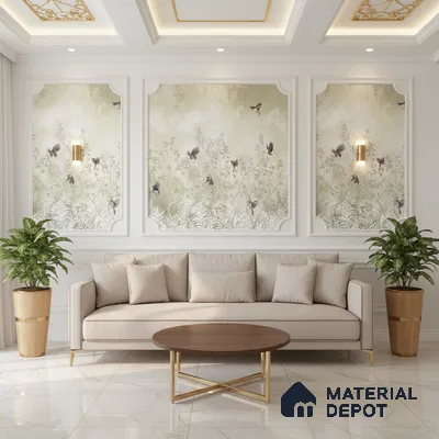 Art Deco living room with chinoiserie wallpaper, marble floor tiles, and gold accent details in Bengaluru