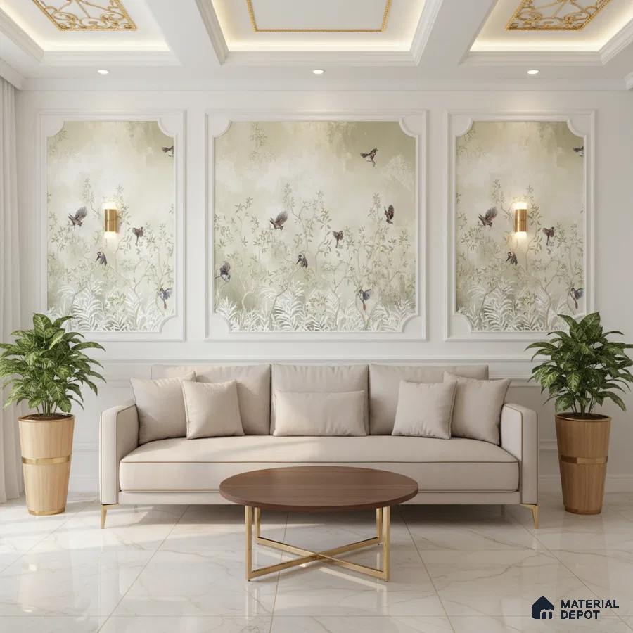 Art Deco living room with chinoiserie wallpaper, marble floor tiles, and gold accent details in Bengaluru