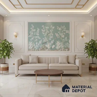 Art Deco living room with chinoiserie wallpaper, marble floor tiles, and gold accent trims in Bengaluru