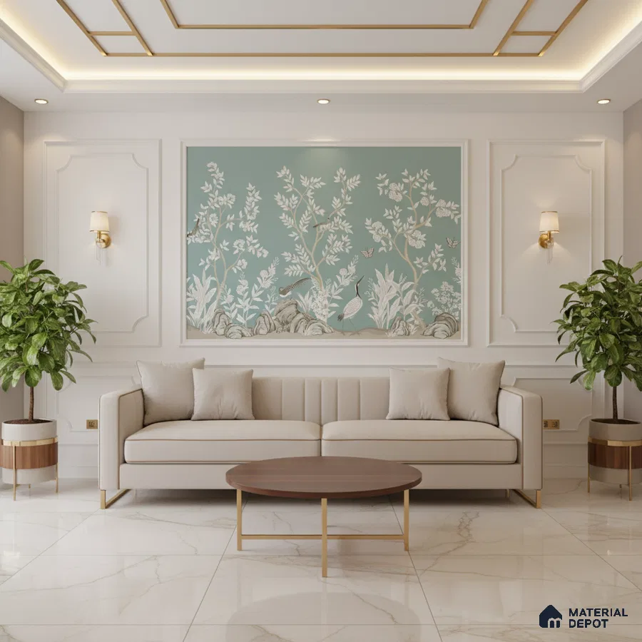 Art Deco living room with chinoiserie wallpaper, marble floor tiles, and gold accent trims in Bengaluru