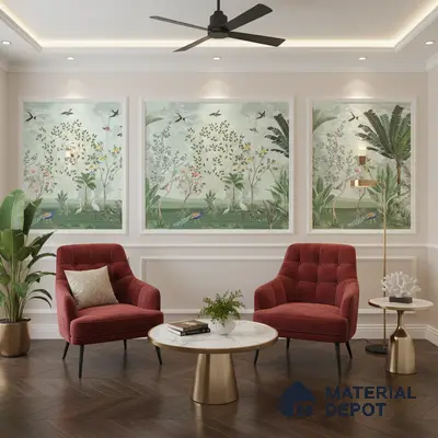 Art Deco living room with chinoiserie wallpaper, marble top tables, and herringbone wood flooring in Bengaluru