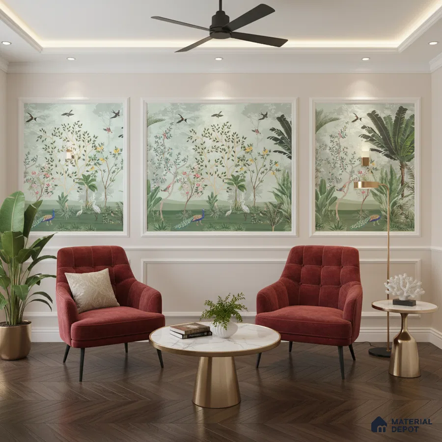 Art Deco living room with chinoiserie wallpaper, marble top tables, and herringbone wood flooring in Bengaluru