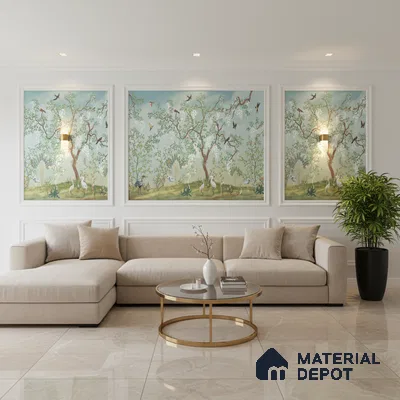 Art Deco living room with chinoiserie wallpaper panels and beige marble floor tiles in Bengaluru