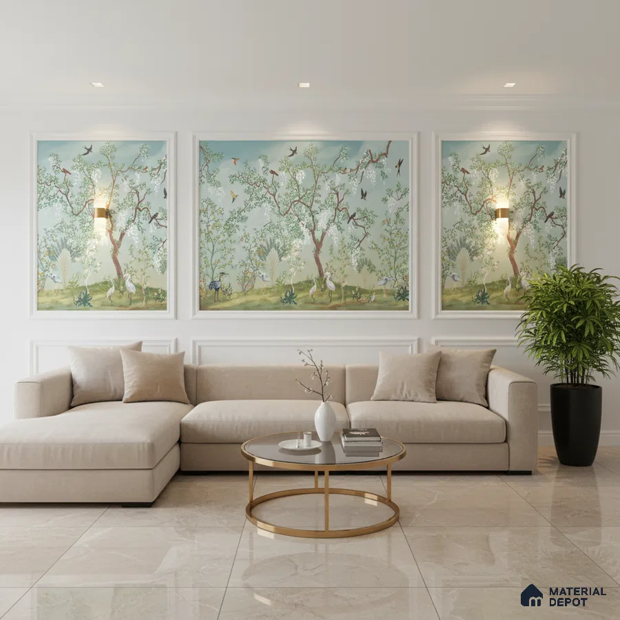 Art Deco living room with chinoiserie wallpaper panels and beige marble floor tiles in Bengaluru