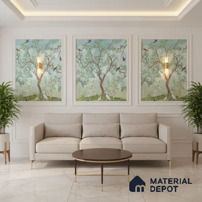 Art Deco living room with chinoiserie wallpaper panels and marble floor tiles in Bengaluru