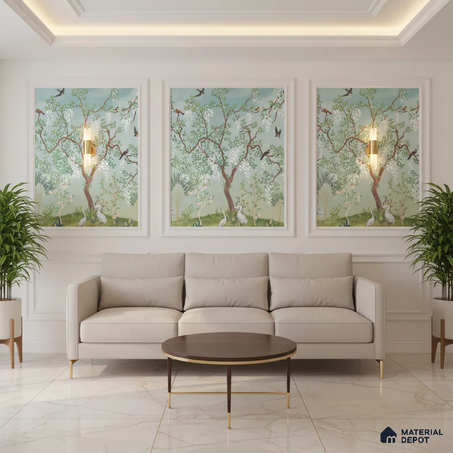 Art Deco living room with chinoiserie wallpaper panels and marble floor tiles in Bengaluru