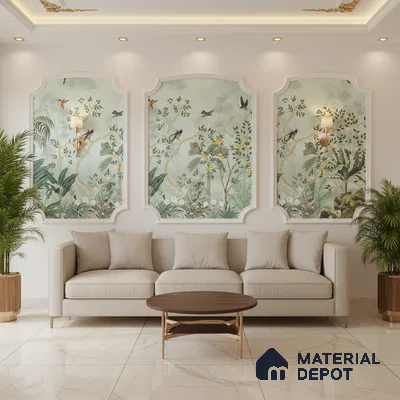 Art Deco living room with chinoiserie wallpaper panels and marble floor tiles in Bengaluru