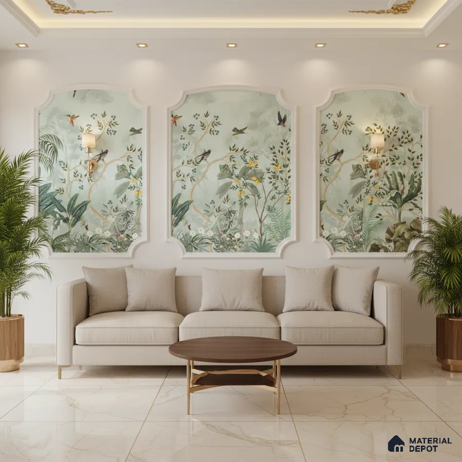 Art Deco living room with chinoiserie wallpaper panels and marble floor tiles in Bengaluru