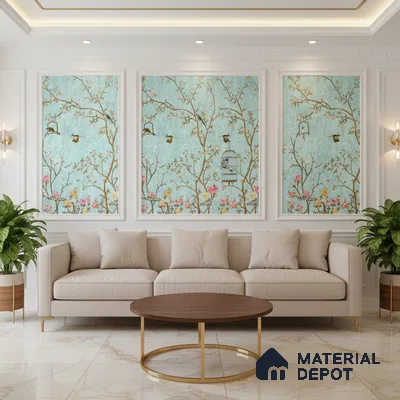Art Deco living room with chinoiserie wallpaper panels and marble floor tiles in Bengaluru
