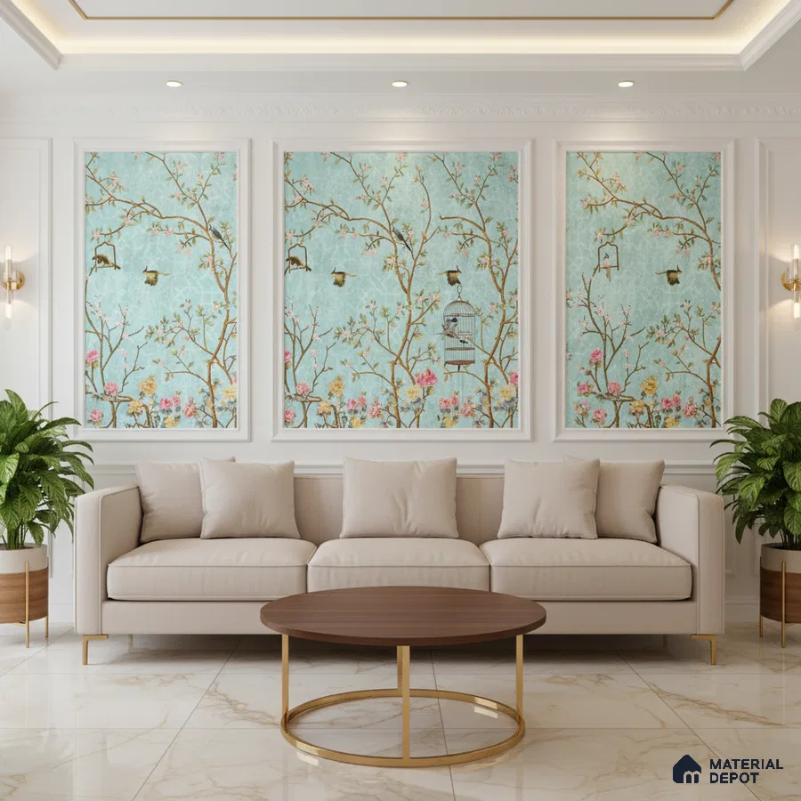 Art Deco living room with chinoiserie wallpaper panels and marble floor tiles in Bengaluru