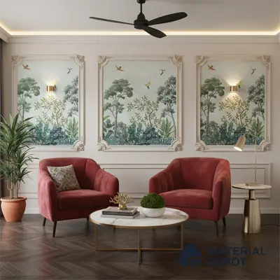 Art Deco living room with chinoiserie wallpaper panels, marble coffee table, and herringbone wood flooring in Bengaluru