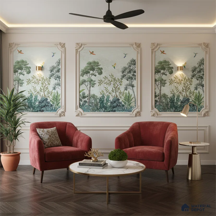 Art Deco living room with chinoiserie wallpaper panels, marble coffee table, and herringbone wood flooring in Bengaluru