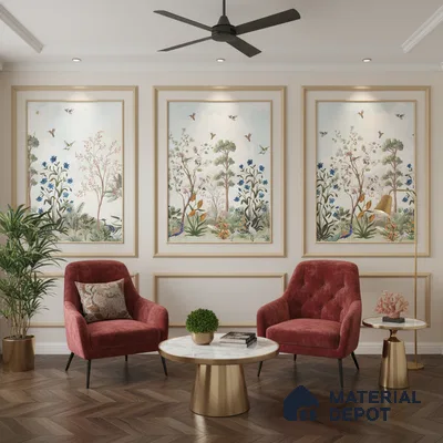 Art Deco living room with chinoiserie wallpaper panels, marble top tables, and herringbone wood flooring in Bengaluru