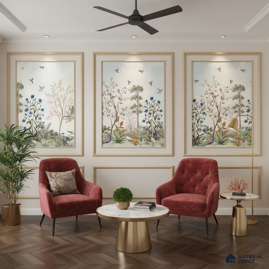 Art Deco living room with chinoiserie wallpaper panels, marble top tables, and herringbone wood flooring in Bengaluru