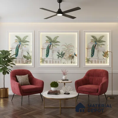 Art Deco living room with chinoiserie wallpaper panels, velvet chairs, and herringbone wooden flooring in Bengaluru
