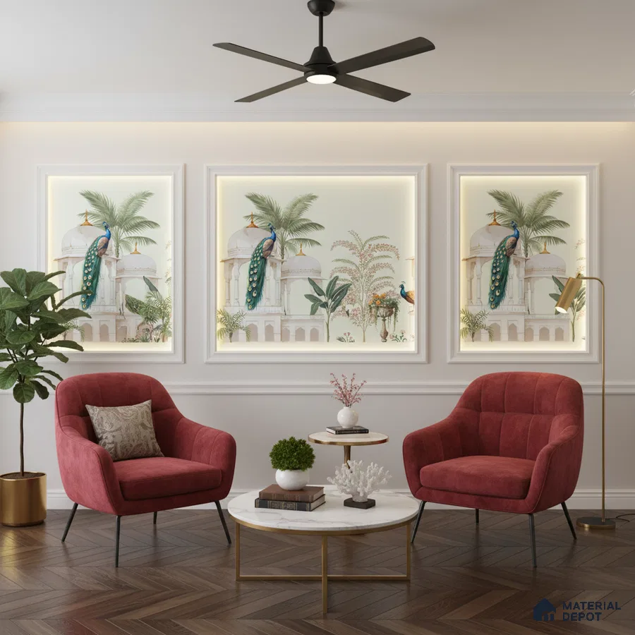 Art Deco living room with chinoiserie wallpaper panels, velvet chairs, and herringbone wooden flooring in Bengaluru