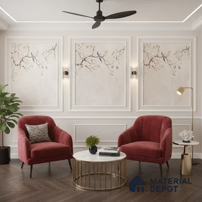 Art Deco living room with chinoiserie wallpaper, velvet chairs, and herringbone wooden flooring in Bengaluru