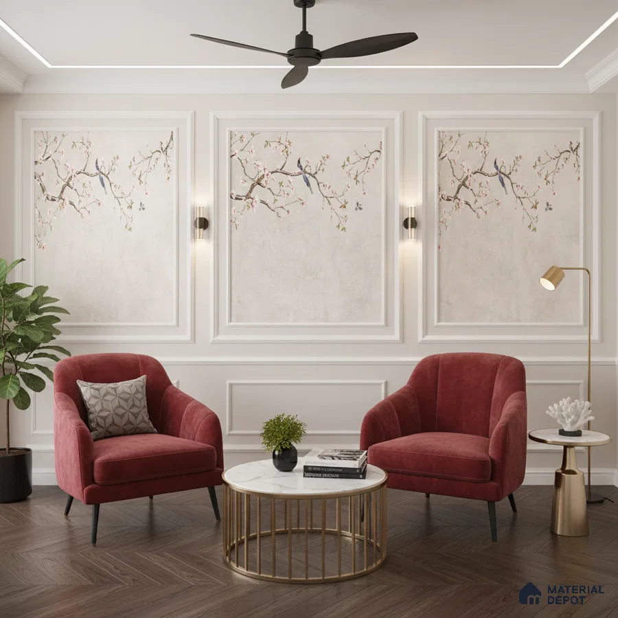 Art Deco living room with chinoiserie wallpaper, velvet chairs, and herringbone wooden flooring in Bengaluru