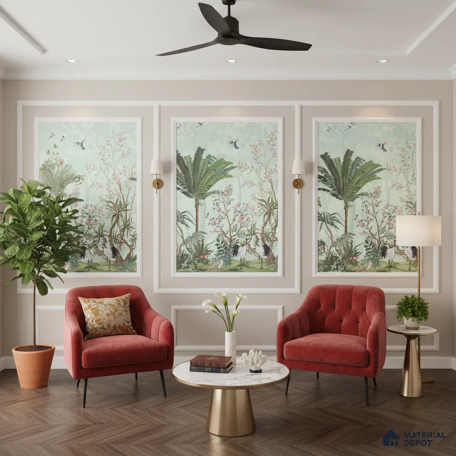 Art Deco living room with chinoiserie wallpaper, velvet chairs, and marble-topped tables in Bengaluru