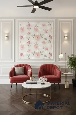 Art Deco living room with floral wallpaper, velvet upholstery, and herringbone wooden flooring in Bengaluru