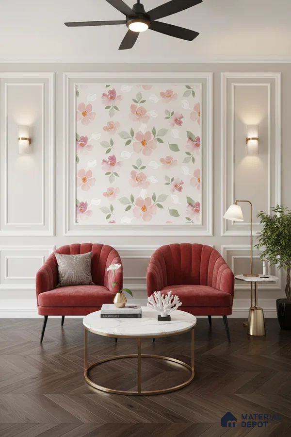 Art Deco living room with floral wallpaper, velvet upholstery, and herringbone wooden flooring in Bengaluru