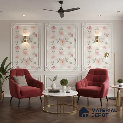 Art Deco living room with floral wallpaper, white wall moulding, and herringbone wooden flooring in Bengaluru