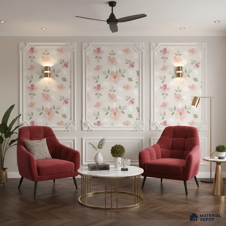 Art Deco living room with floral wallpaper, white wall moulding, and herringbone wooden flooring in Bengaluru