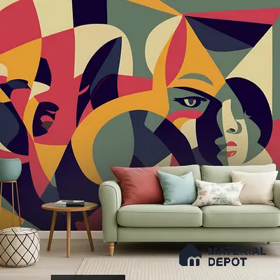 Art Deco living room with geometric abstract wallpaper and pastel upholstery in Bengaluru