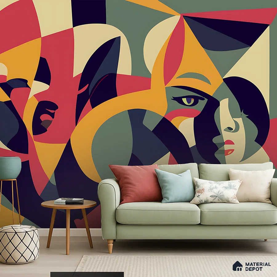 Art Deco living room with geometric abstract wallpaper and pastel upholstery in Bengaluru