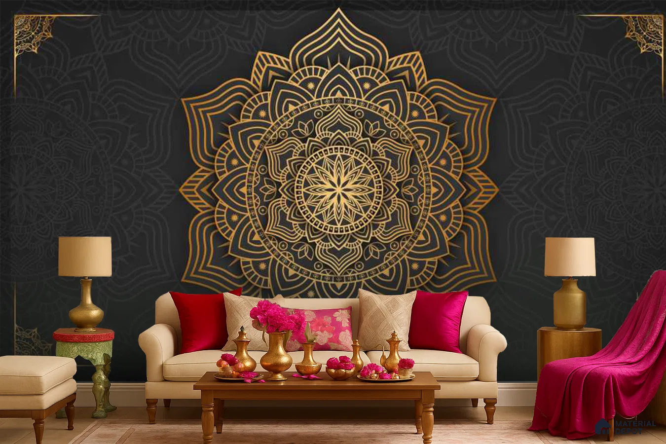 Art Deco living room with gold mandala patterned wallpaper and beige upholstered sofa in Bengaluru