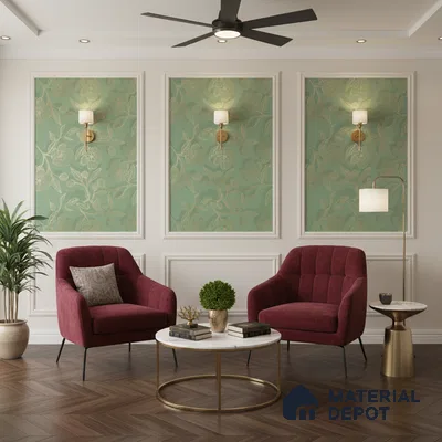 Art Deco living room with green floral wallpaper panels, burgundy velvet chairs, and herringbone wood flooring in Bengaluru