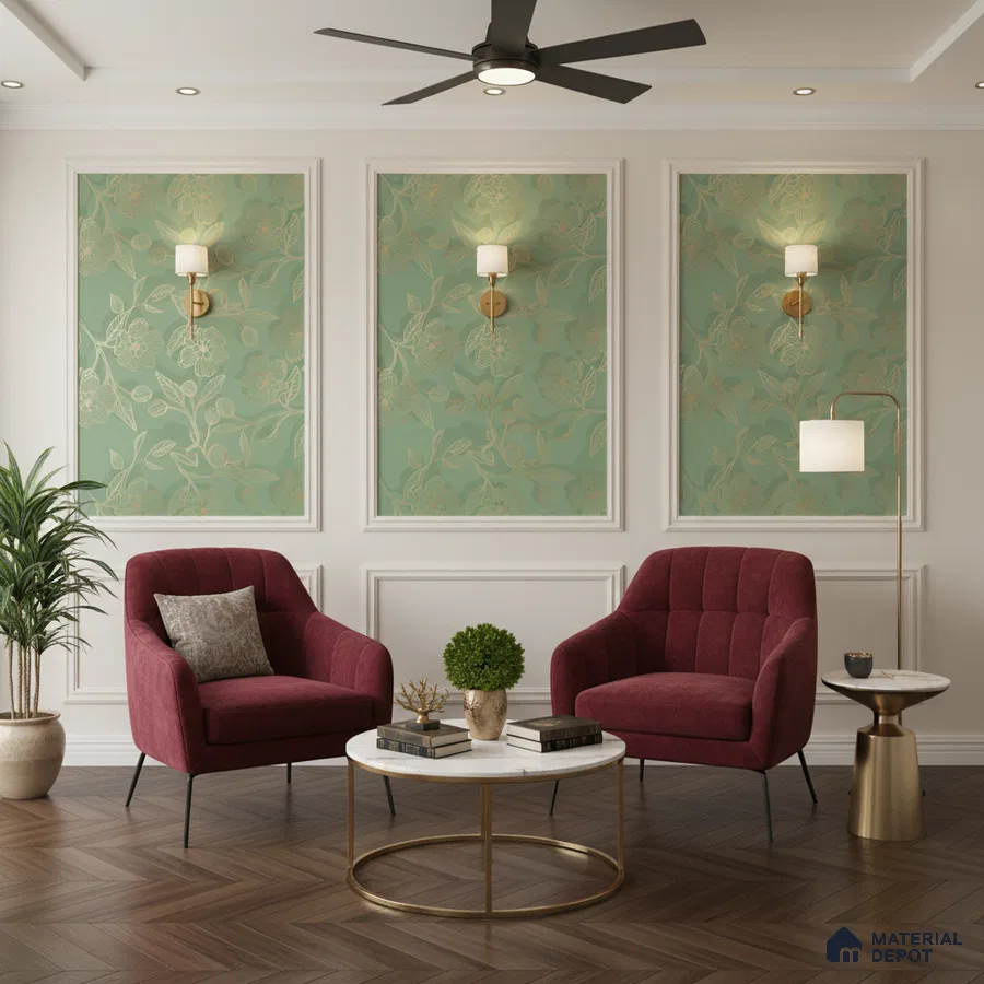 Art Deco living room with green floral wallpaper panels, burgundy velvet chairs, and herringbone wood flooring in Bengaluru