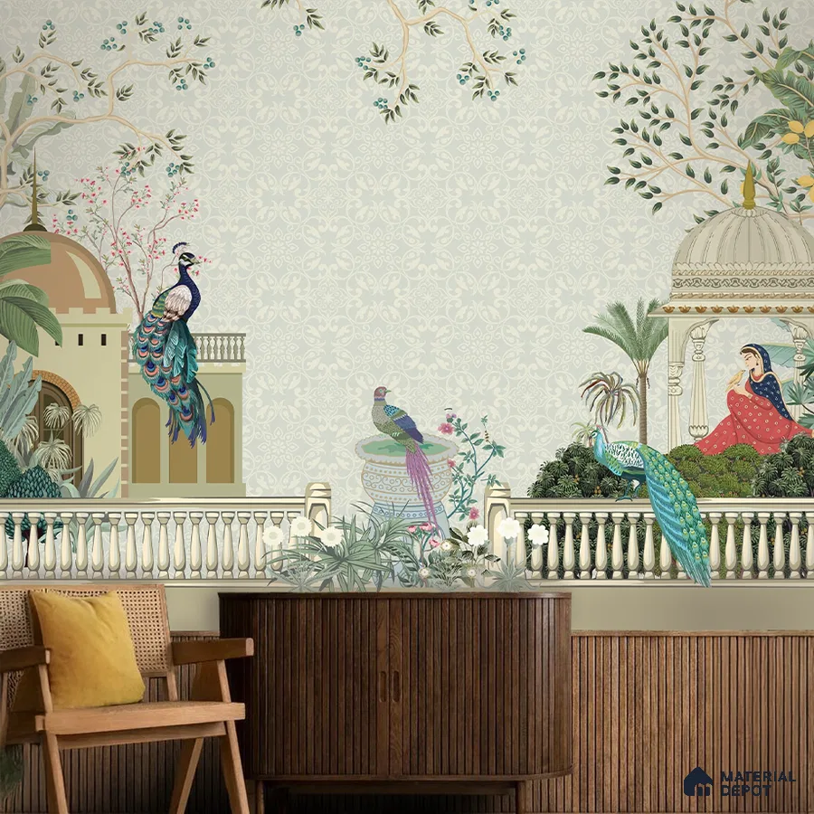 Art Deco living room with Indian chinoiserie wallpaper and fluted wood paneling in Bengaluru