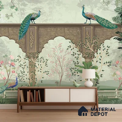 Art Deco living room with Indian chinoiserie wallpaper and mid-century modern console in Bengaluru