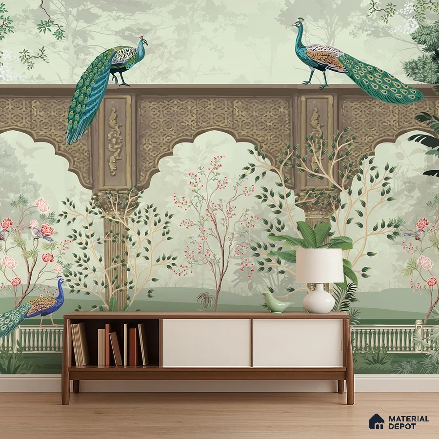 Art Deco living room with Indian chinoiserie wallpaper and mid-century modern console in Bengaluru