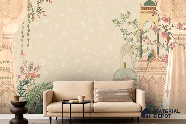 Art Deco living room with Indian mural wallpaper and beige fabric sofa in Bengaluru