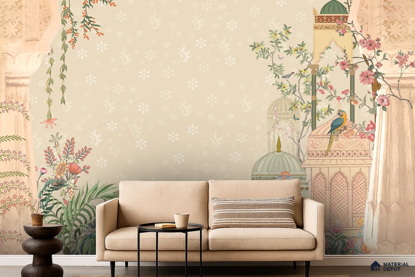 Art Deco living room with Indian mural wallpaper and beige fabric sofa in Bengaluru