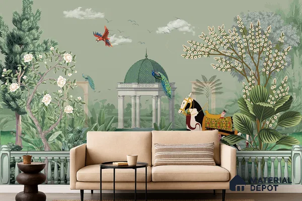Art Deco living room with Indian mural wallpaper and beige fabric sofa in Bengaluru