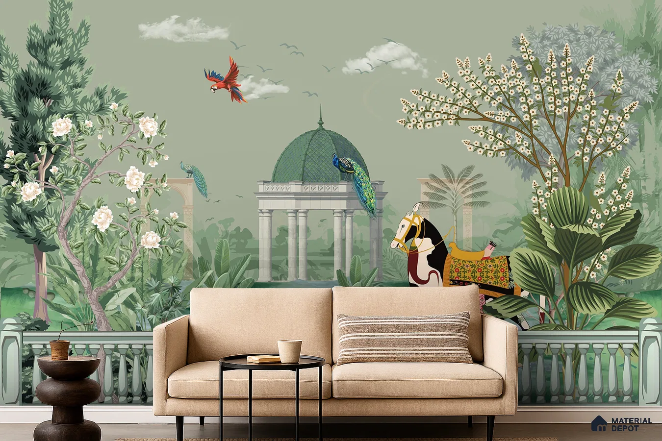 Art Deco living room with Indian mural wallpaper and beige fabric sofa in Bengaluru