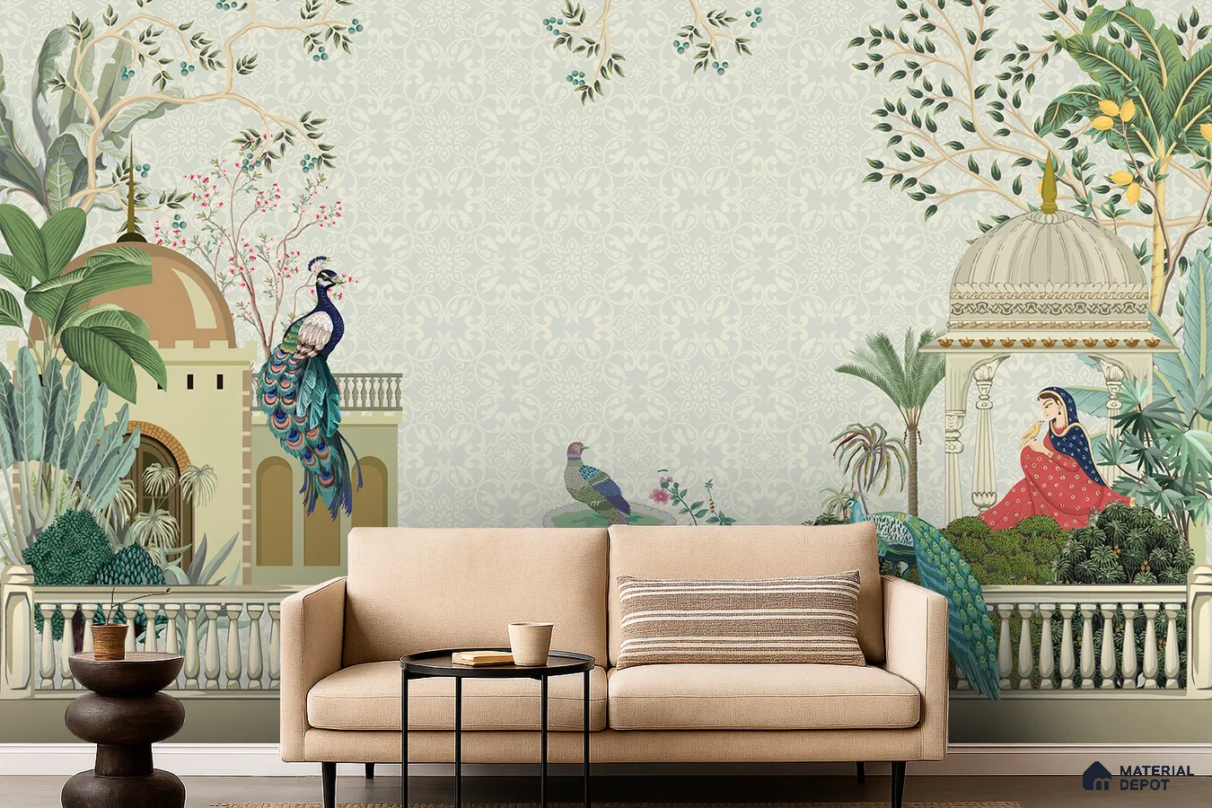 Art Deco living room with Indian mural wallpaper and beige fabric sofa in Bengaluru