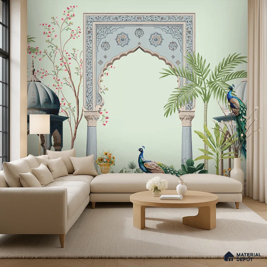 Art Deco living room with Indian mural wallpaper and beige fabric sofa in Bengaluru