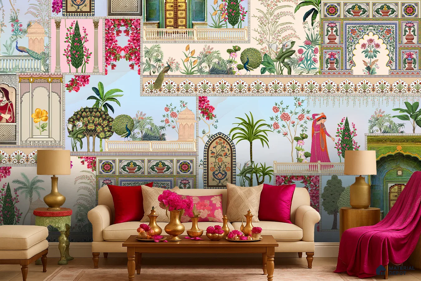 Art Deco living room with Indian mural wallpaper and beige upholstered sofas in Bengaluru