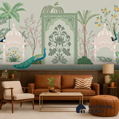 Art Deco living room with Indian mural wallpaper and brown leather sofa in Bengaluru