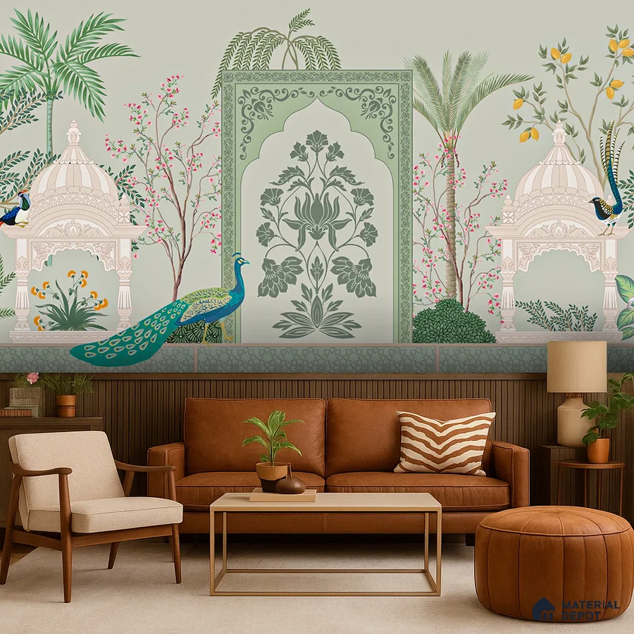 Art Deco living room with Indian mural wallpaper and brown leather sofa in Bengaluru