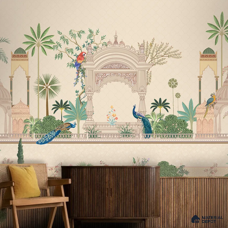 Art Deco living room with Indian mural wallpaper and fluted wood panels in Bengaluru
