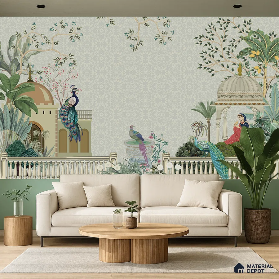 Art Deco living room with Indian mural wallpaper and natural wood coffee table in Bengaluru