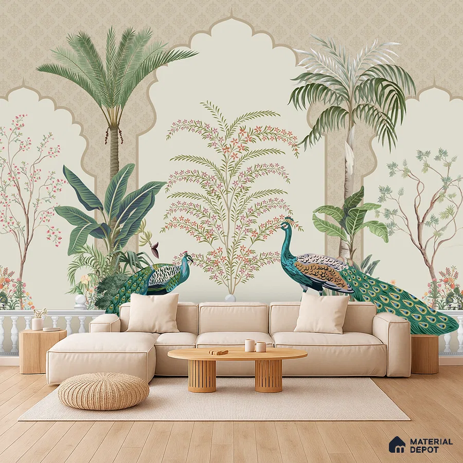 Art Deco living room with Indian mural wallpaper, beige sofa, and light wood flooring in Bengaluru