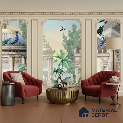 Art Deco living room with Indian mural wallpaper, gold metallic coffee table, and blush velvet chairs in Bengaluru