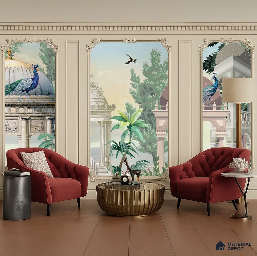 Art Deco living room with Indian mural wallpaper, gold metallic coffee table, and blush velvet chairs in Bengaluru