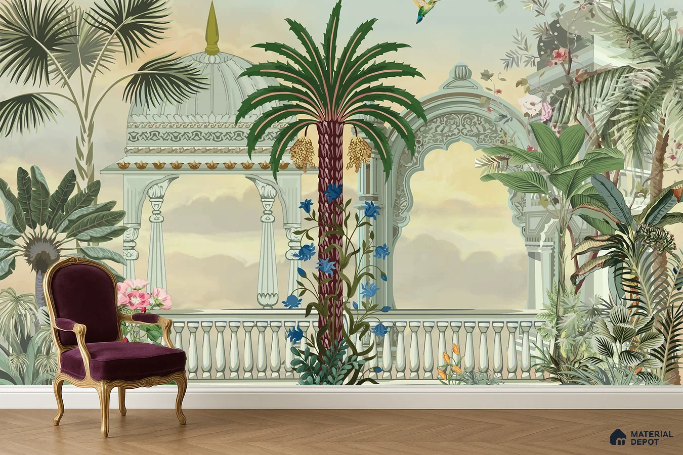 Art Deco living room with Indian palace mural wallpaper and herringbone wood flooring in Bengaluru